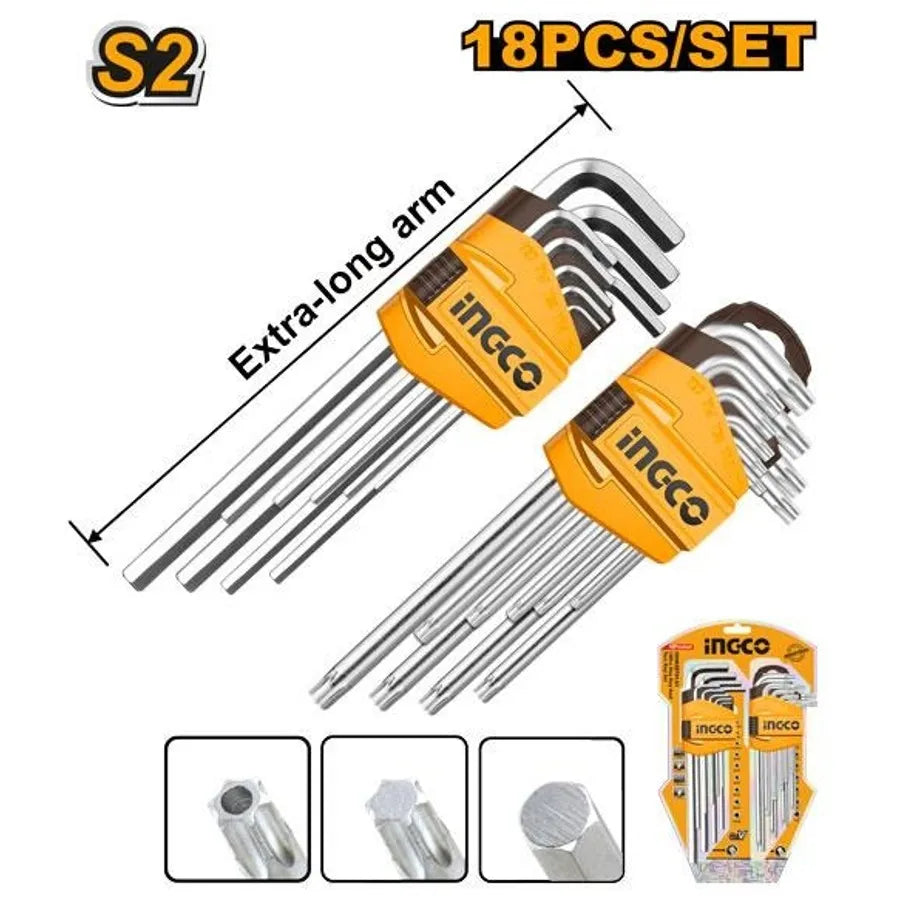 Hex Key & Torx Key Extra Long Arm 18Pcs Set - INGCO